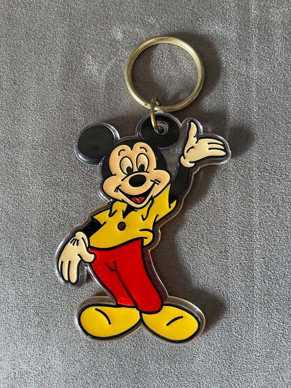 Disney Luxury Brown Pattern Leather Keychain Old Flower Mickey