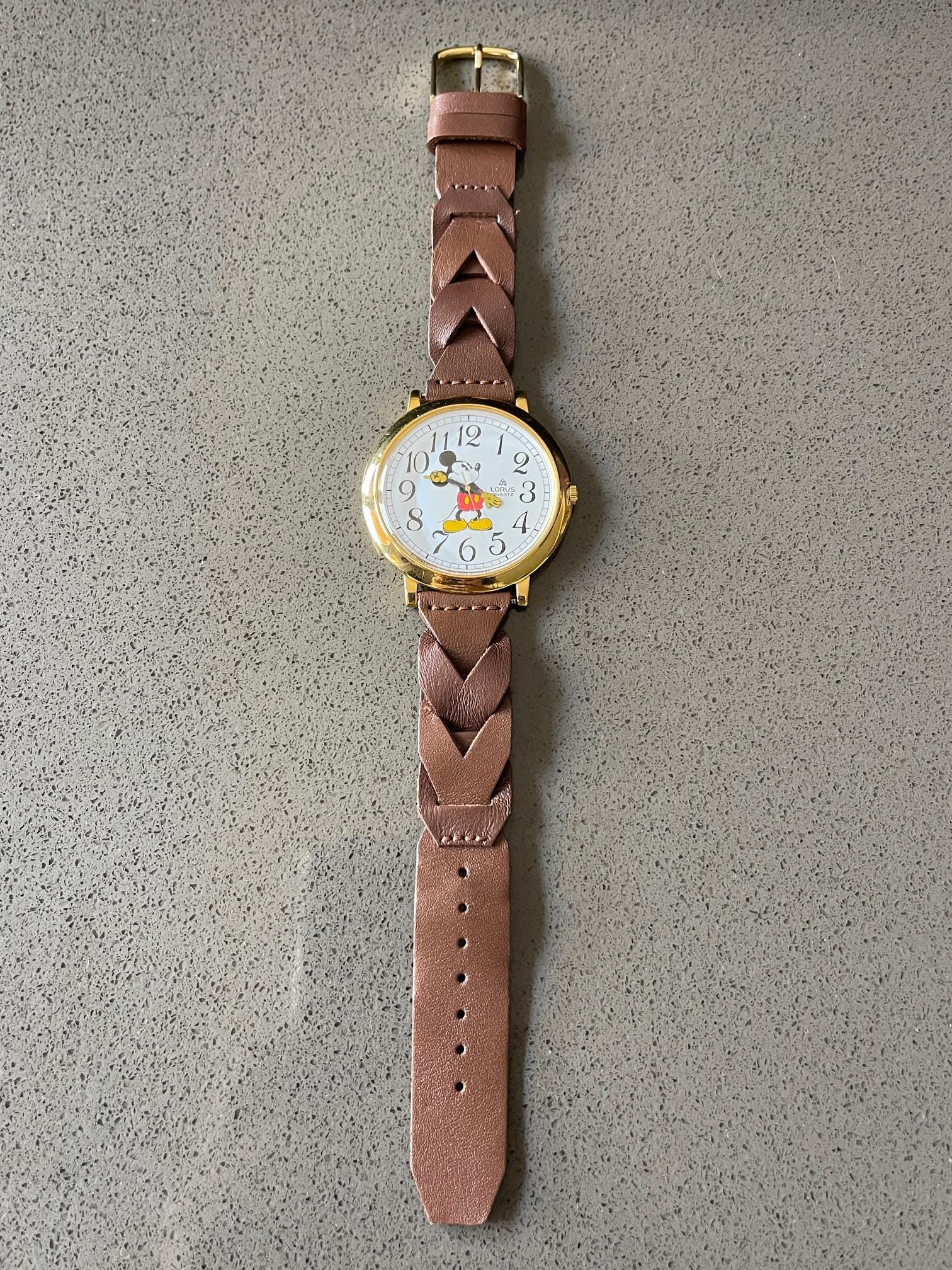 Large Face Vintage Mickey Mouse Watch With Brown Leather 