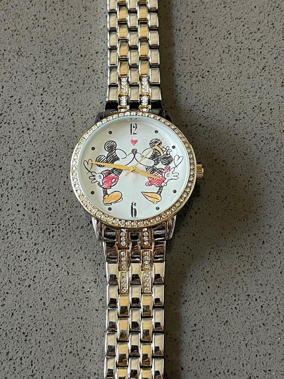 Minnie & Mickey Mouse Watch w/ Rhinestone Bezel Vintage Disney Mickey Mouse Watch, Two-tone Rhinestone Bezel  main image 3