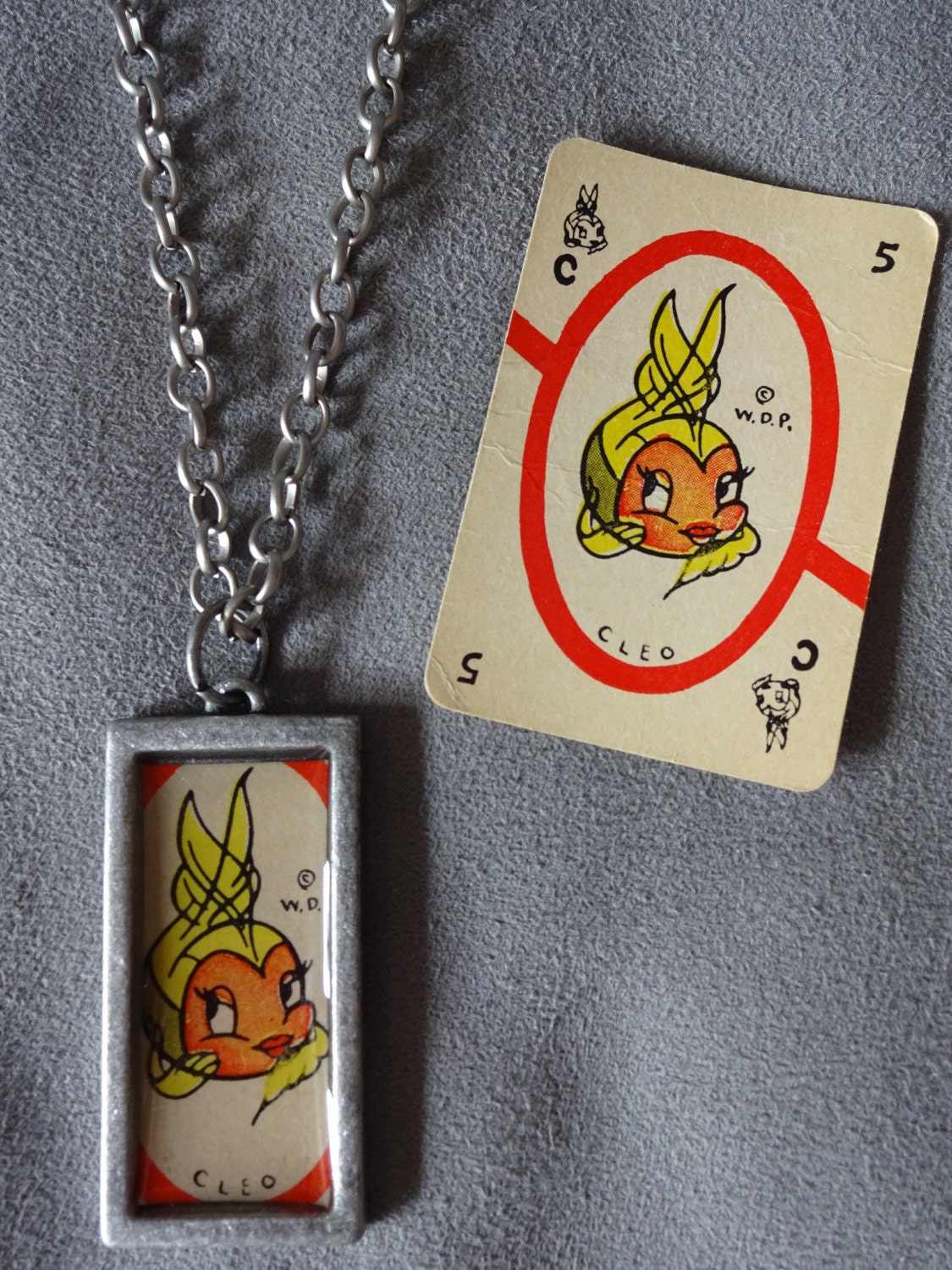 Vintage 1950 Pinocchio Cleo Canasta Card Pendant With Chain