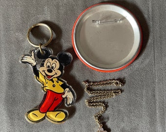 Mickey Mouse New Old Stock Vintage Disney Set: Keychain, Button & Necklace