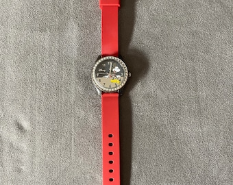 Vintage Mickey Mouse Watch with Rhinestones & Red Silicone Band