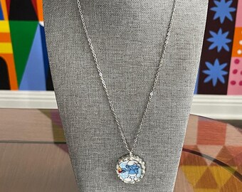 Pendant Made from a Vintage Smurf Dish from 1982 on 20" Stainless Steel Necklace