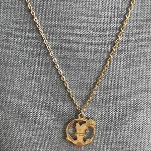 May include: Gold-toned necklace with a pendant featuring a character silhouette within a circular frame. The chain is delicate, and the pendant has the text "Disney China". The necklace is displayed against a textured gray background.