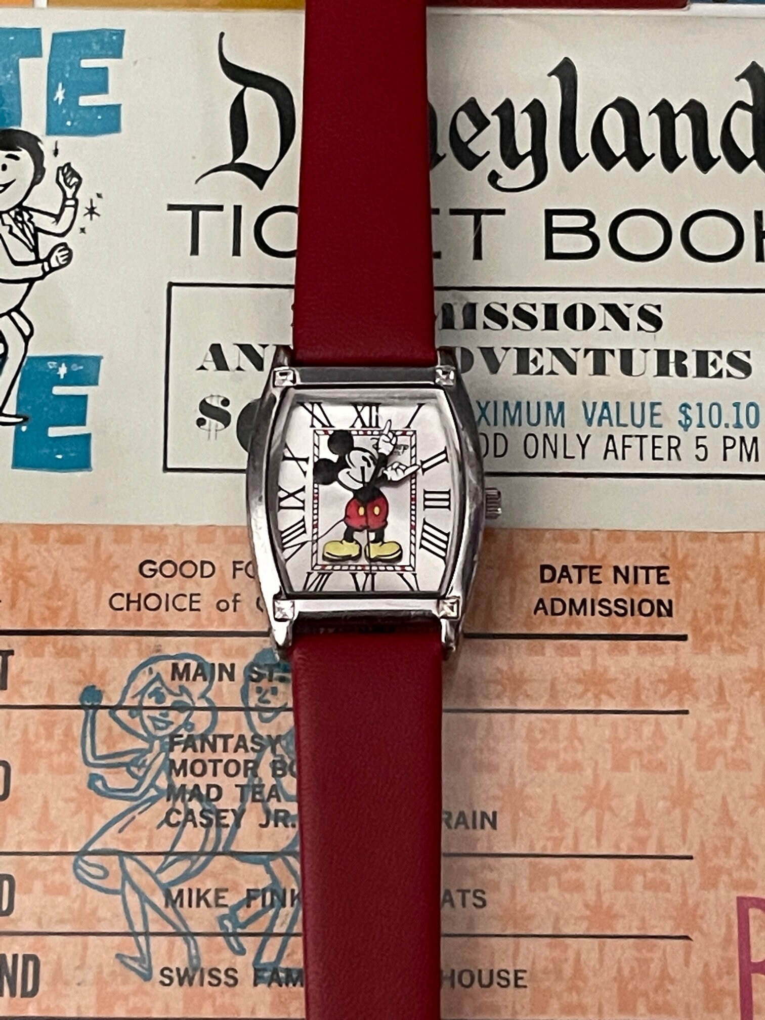 Disney old time Mickey Mouse watch Roman numerals hands red leather Vintage Mickey Mouse Wristwatch by Remex LTD 1 Jewel  main image 2
