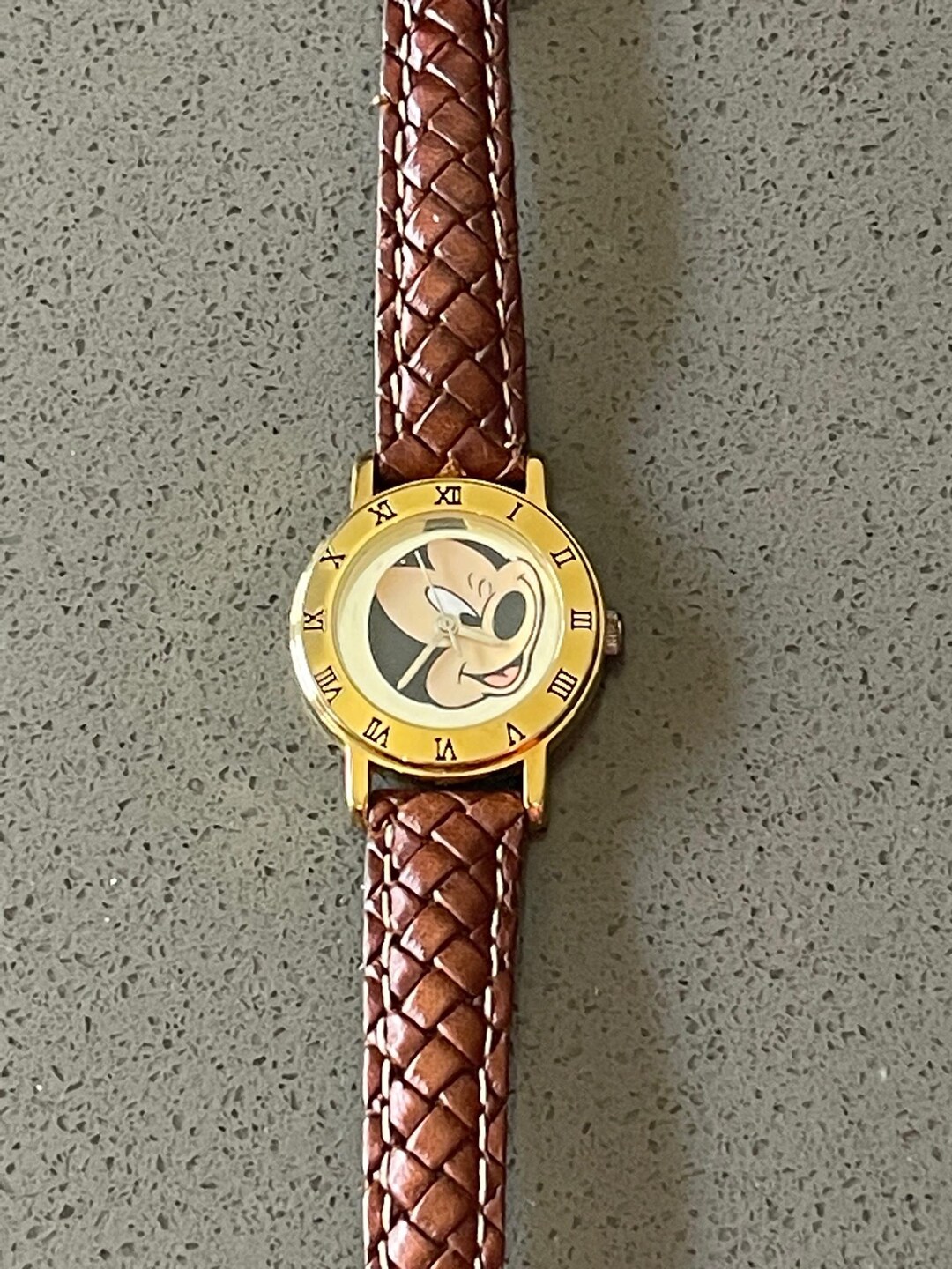 Vintage Mickey Mouse Face Watch With Brown Leather Faux Braid Style ...