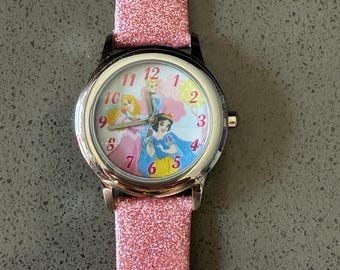 Vintage Disney Princess Watch With Pink Glitter Leather Band (snow