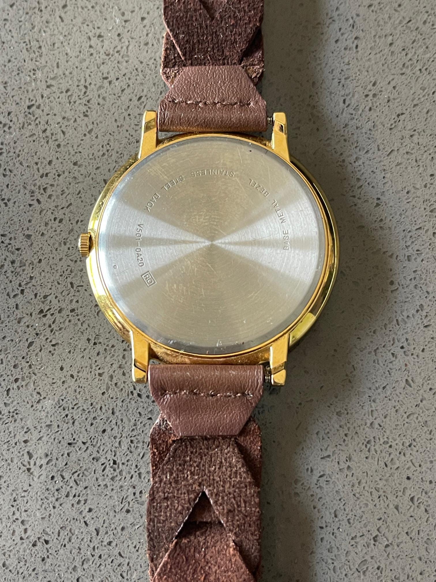 Vintage Mickey Mouse Gold Plated Sticking Out Tongue Watch 2035-21 Leather Band Large Face Vintage Mickey Mouse Watch With Brown Leather  main image 2