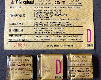 Vintage Disneyland Park Ticket Magnet 3 Piece Set Featuring a Disneyland D Ticket