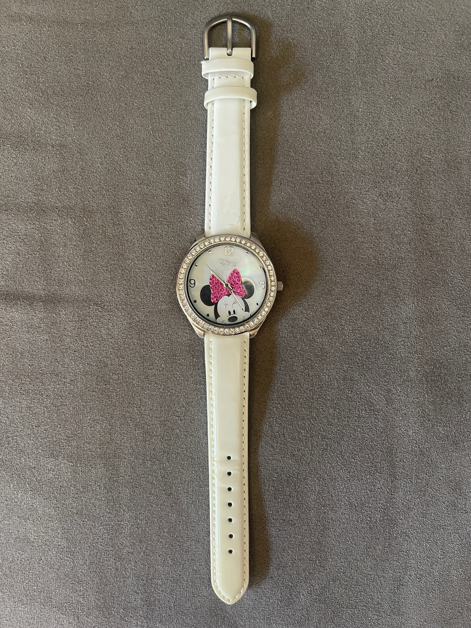 Minnie Mouse Watch With Rhinestones & White Patent Leather 