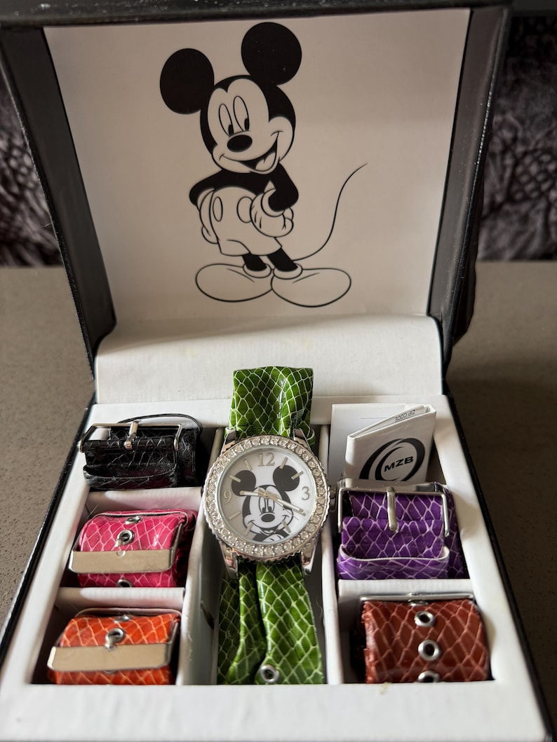 RARE Vintage Rhinestone Mickey Mouse Watch Set with 6 Interchangeable Bracelet Bands image 1