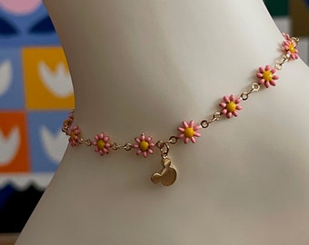 Pink Daisy Anklet with Dainty Gold Plated Mickey Mouse Charm