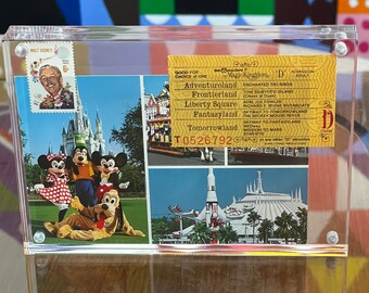 5x7 Frame with Vintage Walt Disney World Postcard, D Ticket & Vintage Stamp