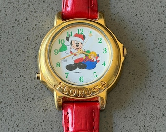 Vintage Musical Santa Mickey Mouse Christmas Watch with New Red Leather Band (Plays Jingle Bells)