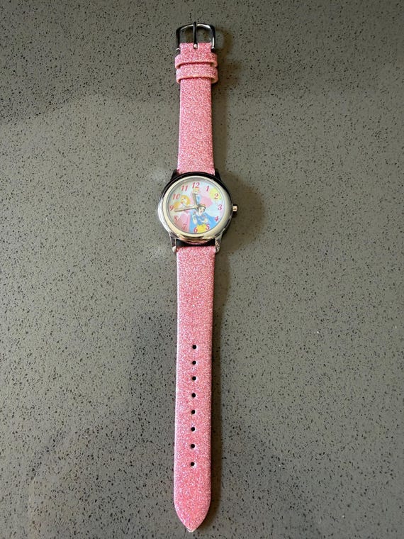 Vintage Disney Princess Watch With Pink Glitter Leather Band (snow
