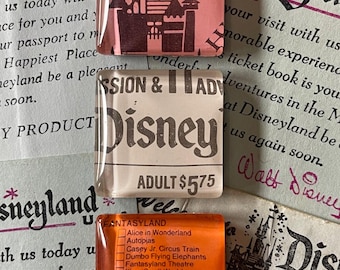 Vintage Disneyland Park Ticket Magnet 3 Piece Set Featuring Original Disneyland Ticket Booklet Pieces