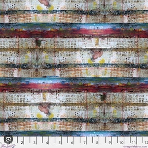 Puede incluir: Tela con estampado abstracto con rayas horizontales en tonos azules, rojos, marrones y blancos. La tela tiene un aspecto texturizado y desgastado.