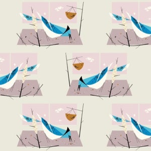 May include: A seamless pattern featuring a stylized blue bird with white wings perched on a branch with a small brown birdhouse hanging from a branch above. The background is a light beige with pink and white windows.