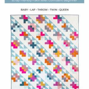 May include: A colorful quilt pattern called "MAE" with a geometric design featuring pink, orange, blue, and gray squares. The quilt pattern is described as "scrap friendly" and "confident beginner".