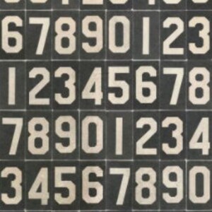 May include: A set of white plastic number stickers, each with a black outline. The numbers range from 0 to 9 and are arranged in four rows of ten.