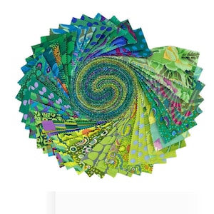 May include: A circular display of fabric squares in a range of greens and blues. The fabric pieces showcase diverse patterns, such as polka dots, floral motifs, and abstract designs. The arrangement forms a visually striking, colourful display, ideal for quilting or craft projects.