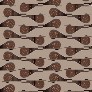 May include: A seamless pattern featuring brown and black abstract shapes on a light brown background. The shapes are geometric and resemble stylized fish or boats.