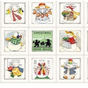 Peut inclure: Un ensemble de 12 carrés de tissu de style vintage illustrant des bonhommes de neige dans diverses poses et activités. Les carrés comprennent des images de bonhommes de neige portant des chapeaux, des écharpes et des mitaines, tenant des biscuits de Noël et portant un livre intitulé "The Settlement Cook Book".