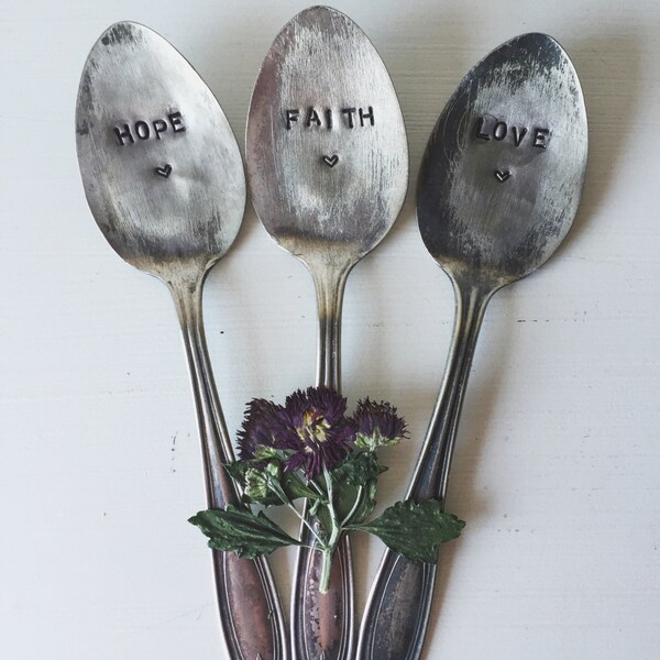 Hope, Faith, Love Garden Set - Hand Stamped Vintage Flatware