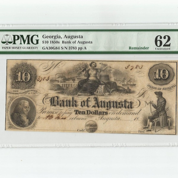 1850s 10 Dollar Bill Bank of Augusta Georgia PMG Graded 62 Uncirculated Obsolete Remainder Banknote US Civil War Antique Historical Currency