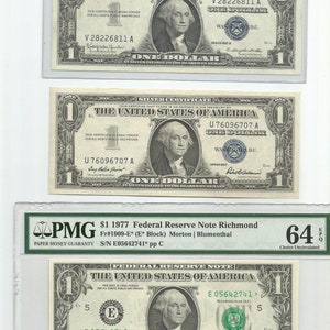 May include: A graded $1 1977 Federal Reserve Note from Richmond, Virginia. The note is in Choice Uncirculated condition and has a serial number of E05642741. The note features a portrait of George Washington and the text "The United States of America".