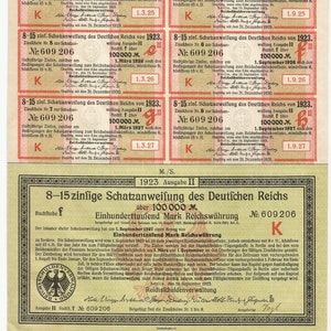 May include: A collection of eight German Reichsbank treasury notes from 1923, each with a face value of 100,000 Marks. The notes are in red and black ink, with text in German. The notes are for different dates.
