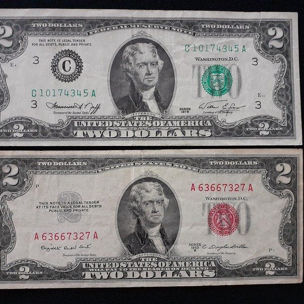 2 Old US Currency Notes including a Red Seal Series series 1953B Two 2 Dollar Bill United States Note & 1976 Two Dollar Federal Reserve Note