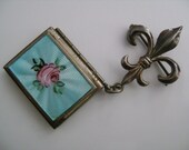 Sterling Silver Victorian Style Jewelry Fleur De Lis Double Picture Photo Locket Mint Green Enamel Pink Rose Flower Leaf Pattern Brooch Pin