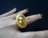 Fabulous Faceted Oval Shaped Citrine Orange Yellow CZ Cubic Zirconia Gold Plated Enameled Cocktail Dinner Solitaire Fancy Ladies Ring Size 8