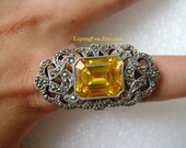 ALLURING 925 Sterling Silver 18 Carat Emerald Step Cut Orange Yellow Citrine Glitter Sparkles Marcasite Pave Classic Filigree Cocktail Ring