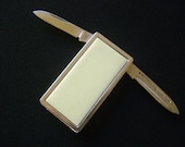 Handsome Multi Purpose Money Clip Pocket Knife Japan Stainless Steel Spear Point Blade Nail File Silver Tone W Cream Ivory Lucite Insert