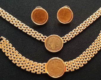 Guldfärgad panterlänkkedja halsband armband örhängen smycken med 1992 tyska 5 Deutsche Mark örnmynt Förbundsrepubliken Tyskland Tyskland