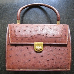 Vintage Cognac Brown Real Genuine OSTRICH Skin Leather Top Handle Satchel Envelope Style Handbag Purse W/Gold Tone Hardware Timeless Classic image 2