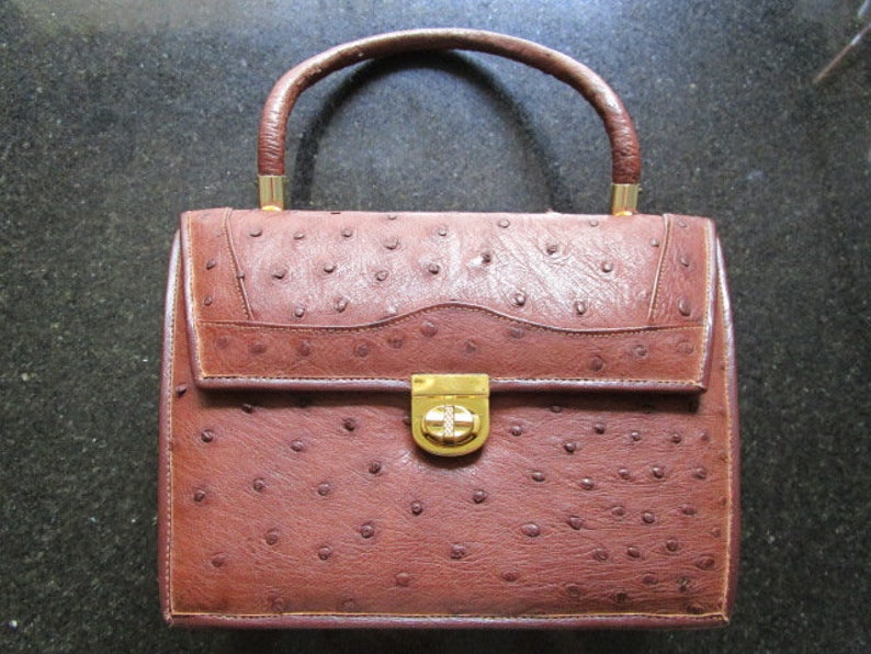 May include: A brown ostrich leather handbag with a gold clasp and handle.