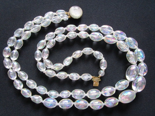 Gorgeous Vintage Translucent Opaque Clear With Glow Effect Lucite Acrylic Plastic Oval Shape Beads Double Strand Necklace MOD Retro Jewelry