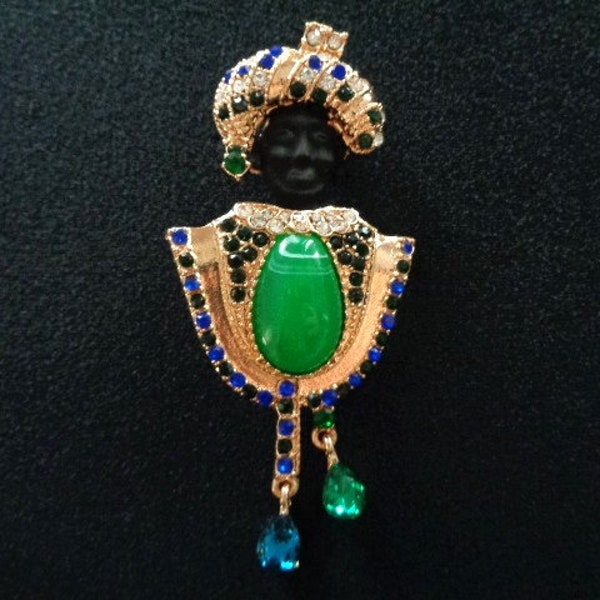 Beau homme tribal africain roi Goldtone Turban bijoux saphir bleu émeraude vert strass clair jade verre cabochon accents broche épingle