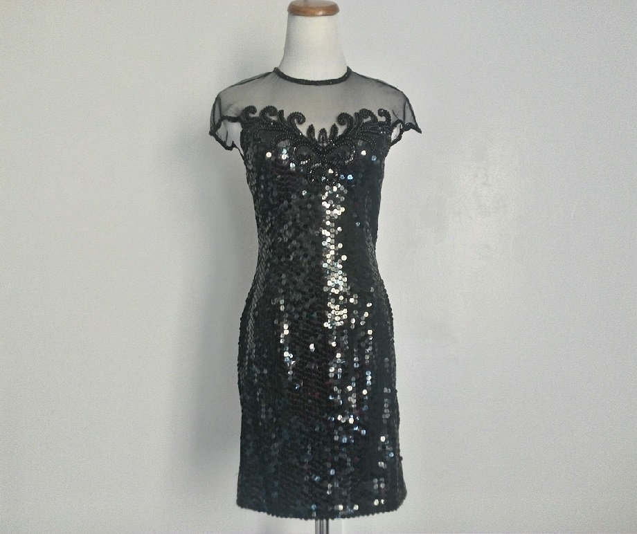 Vintage NITELINE Sexy Elegant Shear Bodice Black Sequin Beaded Evening  Cocktail Holiday New Years Party Valentine's Day Little Mini Dress 6