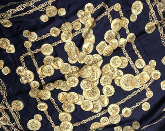 1988 Franklin Mint The Golden Caribbean Coin Padlock Chain Design Motif Black and Yellow Gold Silk Scarf Scarves Wraps Winter Spring Fashion