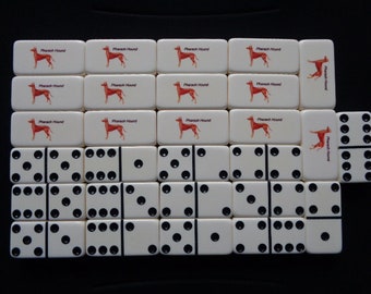 Vintage Puremco USA Marblelike Extra Thick Professional Dominoes Tiles Double Six Domino 28 Games Set Pharaoh Hound Dog Breed Motif Pattern