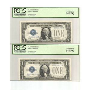 2 Consecutive Serial# 1928 A 1 Dollar Bill Note Silver Certificate Funny Back Blue Seal PCGS 64PPQ Fr.1601 Paper Money US American Currency