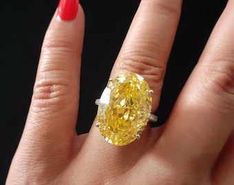 Marvelous 24 Carat Oval Cut Canary Yellow Simulated Diamond AAA Cubic Zirconia With Colorless CZ Accents 925 Silver Fancy Cocktail Ring Sz 7