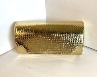 Vintage WALBORG Original Gold Colored Snake Skin Embossed Faux Leather Bag Purse Clutch 8" by 4" Elegant Evening Formal Occasion Accessory