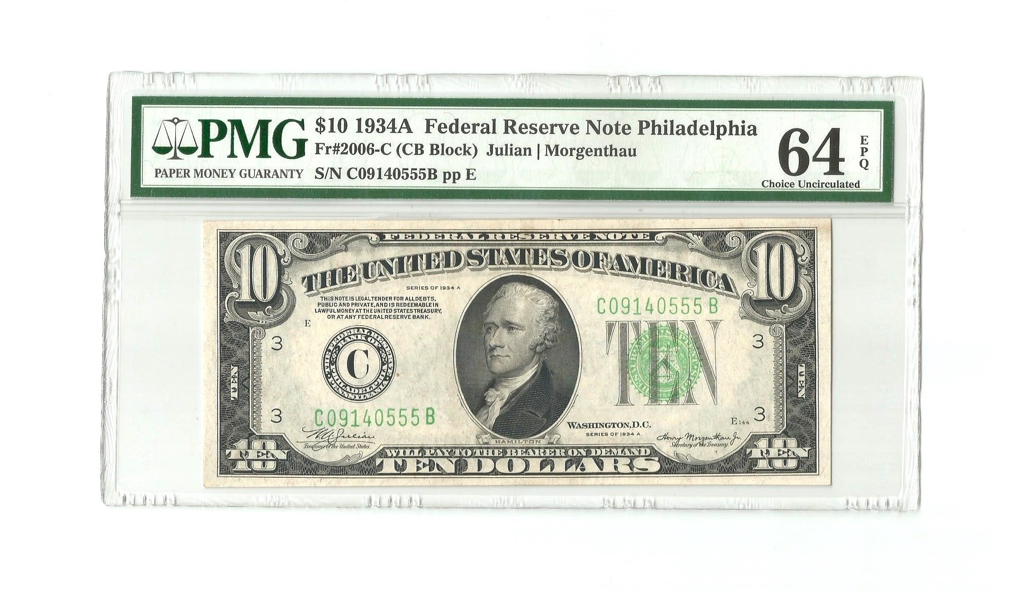 1934 Series A 10 Dollar Bill 1934-A 10 Ten Dollar Bill Federal Reserve Note Philadelphia FR 2006-C