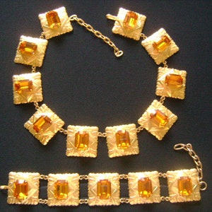 Fabulous Vintage Etruscan Style Jewelry Gold Tone Detailed Chunky Sparkle Emerald Cut Orange Yellow Canary Citrine Glass Necklace & Bracelet