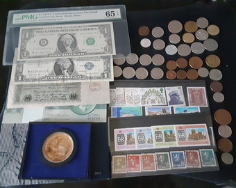 150+ Piece Lot of Notes, Coins, Stamps, Civil War Token, other tokens and Bicentennial Medal